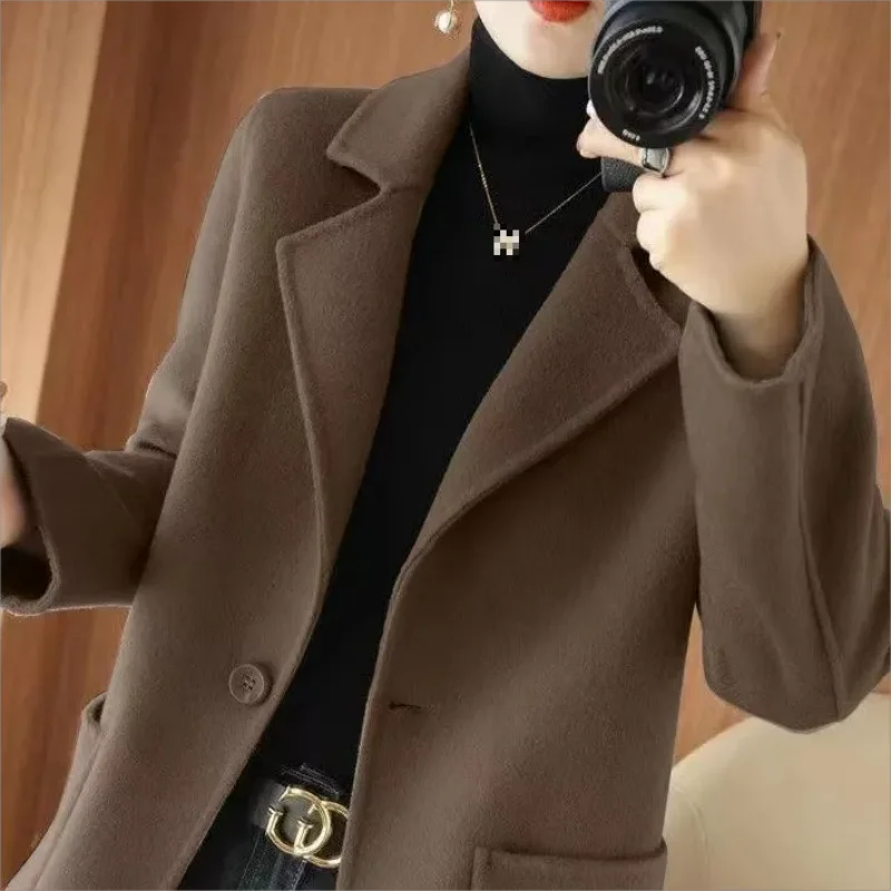 Women‘s Suit Neck Coat 2024 Woman Autumn Winter Mid-Length lining Coat Slim Solid Color Woolen Jacket Female