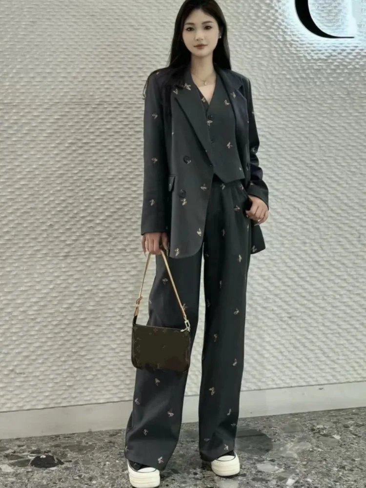 

Women Fall Blazer Pantsuit Butterfly Pattern Casual Business Formal Suit Jacket Straight Leg Pants 3 Pieces Set Female Clothes