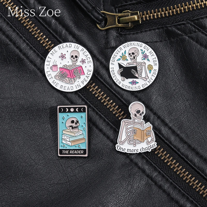 One More Chapter Enamel Pin Creative Gothic Skeleton Bookworm Nerd Collection Brooch Lapel Badge Jewelry Gift For Reading Lovers