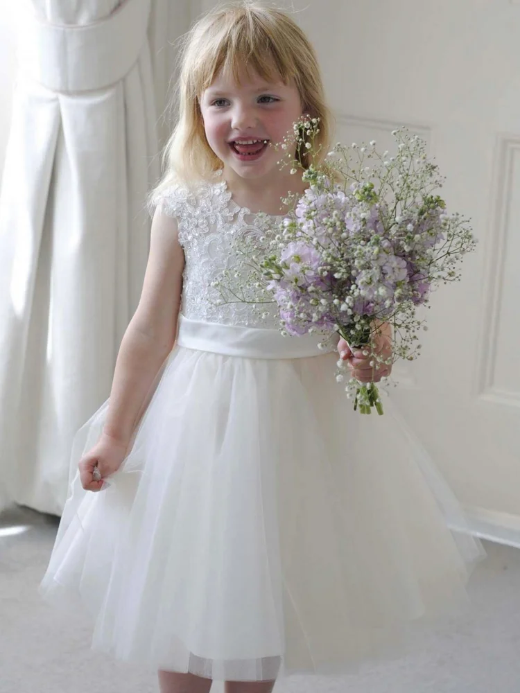 Vestidos de niña de flores blancas, apliques hinchados de tul con lazo sin mangas para boda, cumpleaños, desfile, vestidos de primera comunión