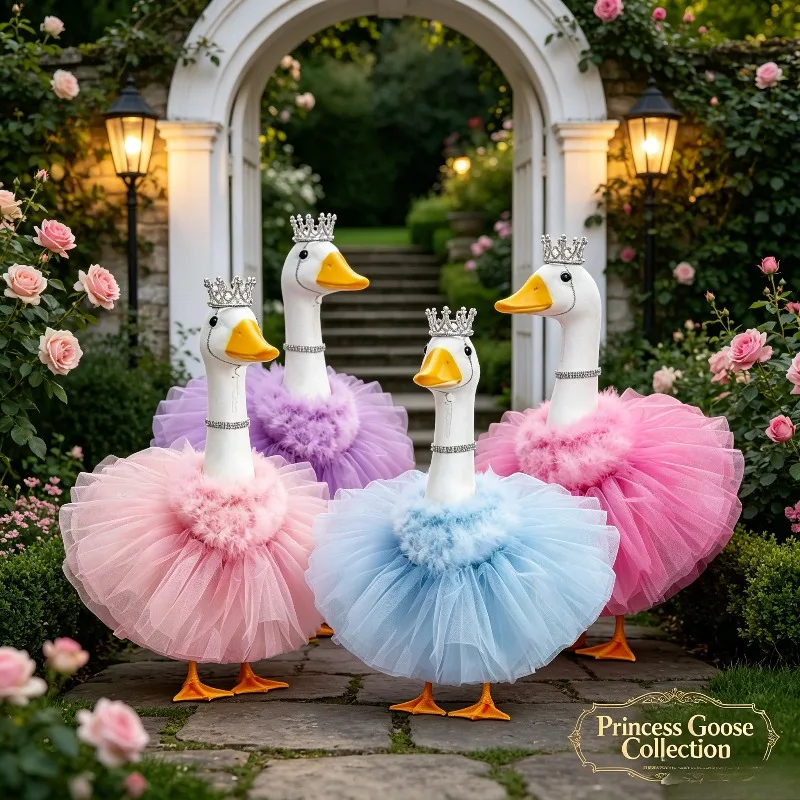 Princess Style Porch Goose Four Piece Outfit Pink Tutu Crown Necklace Feather Lawn Decoration (without Goose)