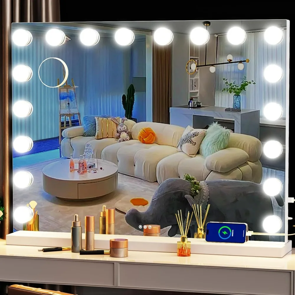 Vanity Mirror with Lights, 32 X 24 Lighted Mirror with 18 Dimmable LED Bulbs,3 Colors Modes,Touch Control,Metal Frame