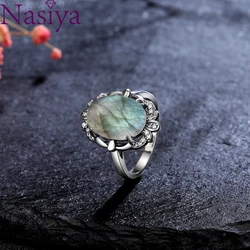 S925 Silver Ring 10*14mm Moonstone Labradorite Boutique Jewelry Retro Silver Ring Natural Gemstone Women Engagement Wedding Gift