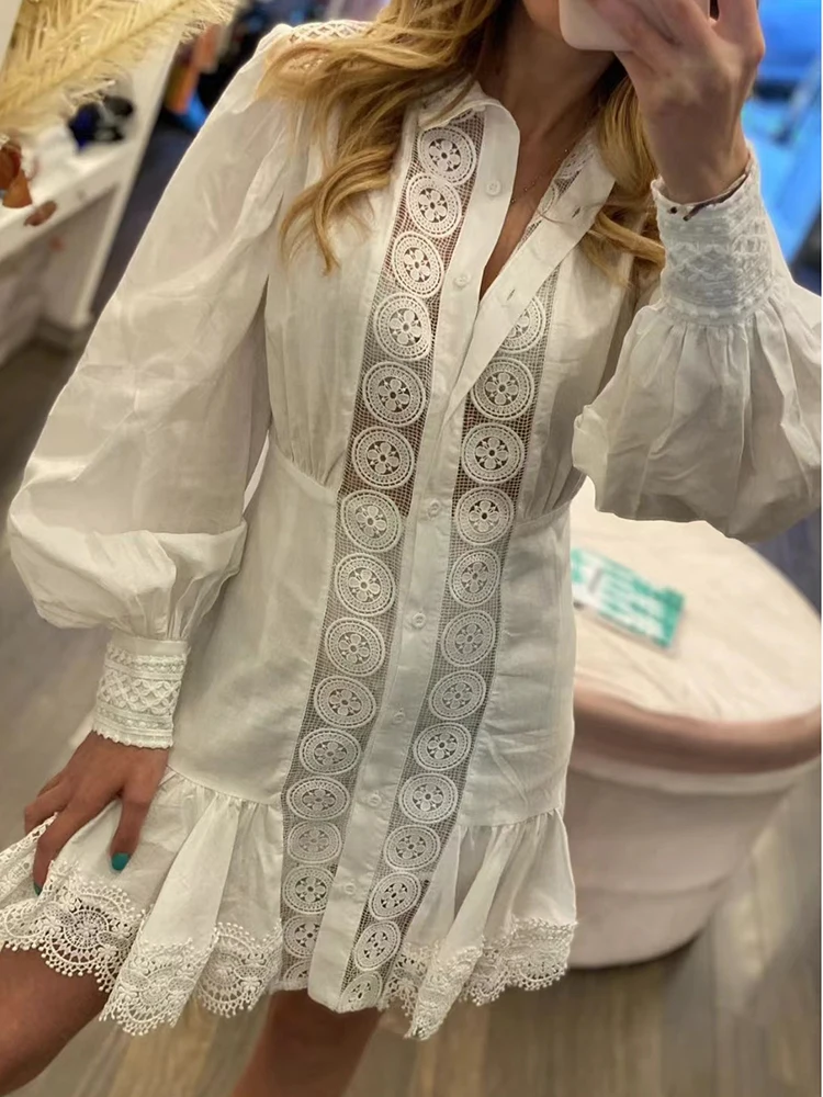 VGH Solid Hollow Out Embroidery Dress For Women Stand Collar Lantern Sleeve High Waist Spliced Single Breasted Dresses Female