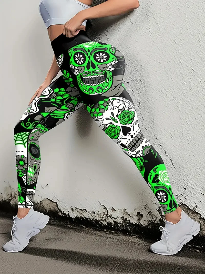 3D Printed Skull Graphic Women's Yoga Pants Fashion Cool Gothic Style Elastic Legging Outdoor Running Sports Casual Fitness Pant