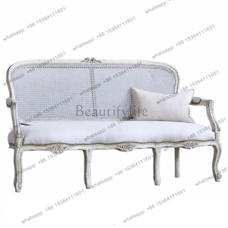 French white retro old solid wood double three-person sofa American braided rattan sofa chair