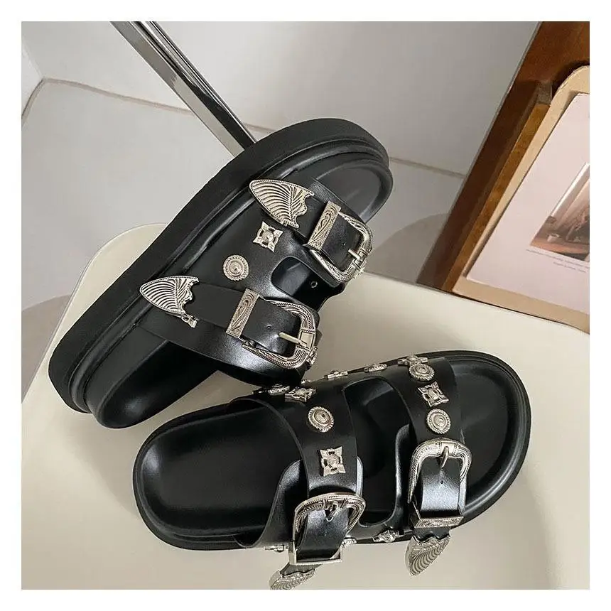 Summer Women Slippers Platform Rivets Punk Rock Leather Mules Creative Metal Fittings Casual Party Shoes Female Outdoor Slides