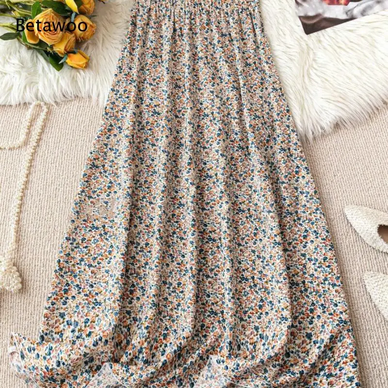 Women Ditsy Floral Print Skirt Elastic High Waist Flowy A Line Long Skirt Lightweight Casual Bohemian Maxi Skirt