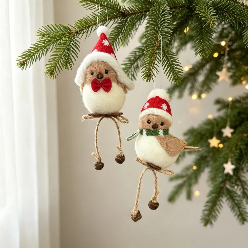 Christmas Plush Bird Ornament With Scarf And Bowtie Red Green Festive Hanging Decor For Xmas Tree Wreath Home Party Decoration