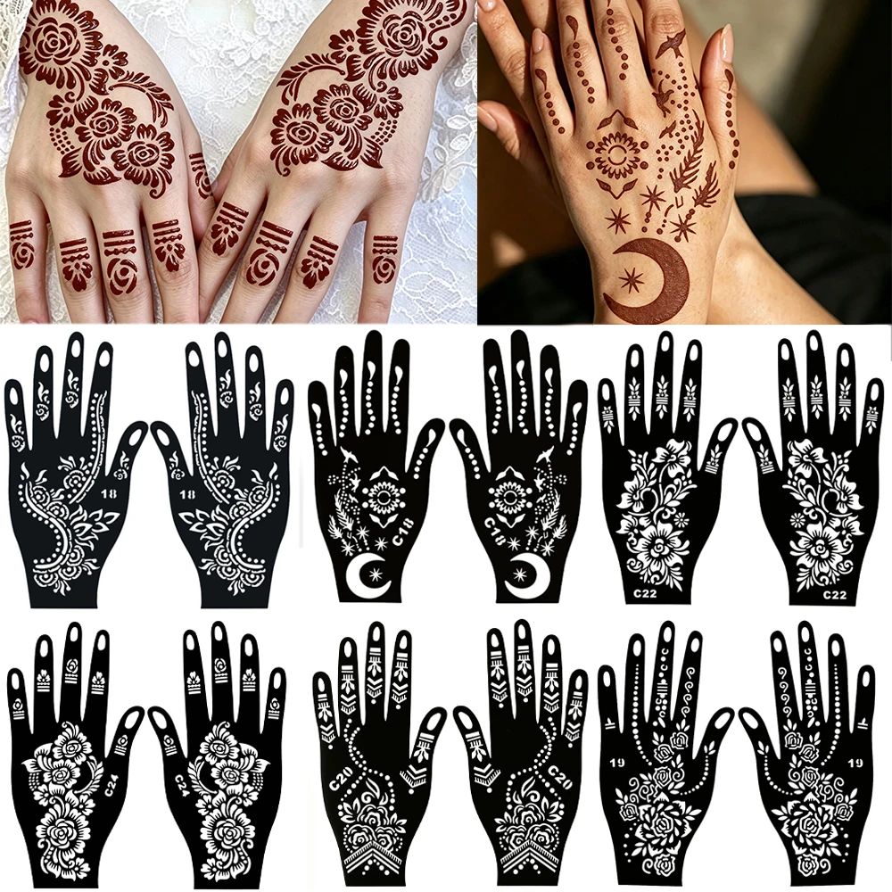 2pcs Henna Stencils Flower Tattoo Stencils for Hand Tattoo Template For Women Mehndi Designs Body Painting Tools for Festival