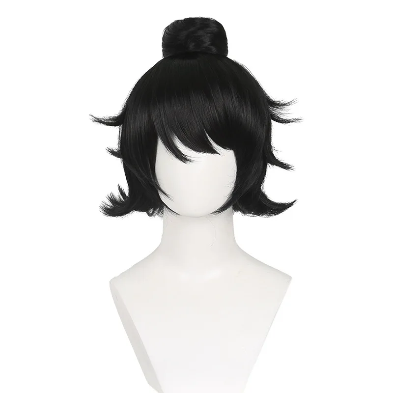 El séptimo día después de la muerte Historia de los fantasmas. Peluca de cosplay Cen Boyao estilo moño negro con un rizo inverso pelo corto negro de seda mate.
