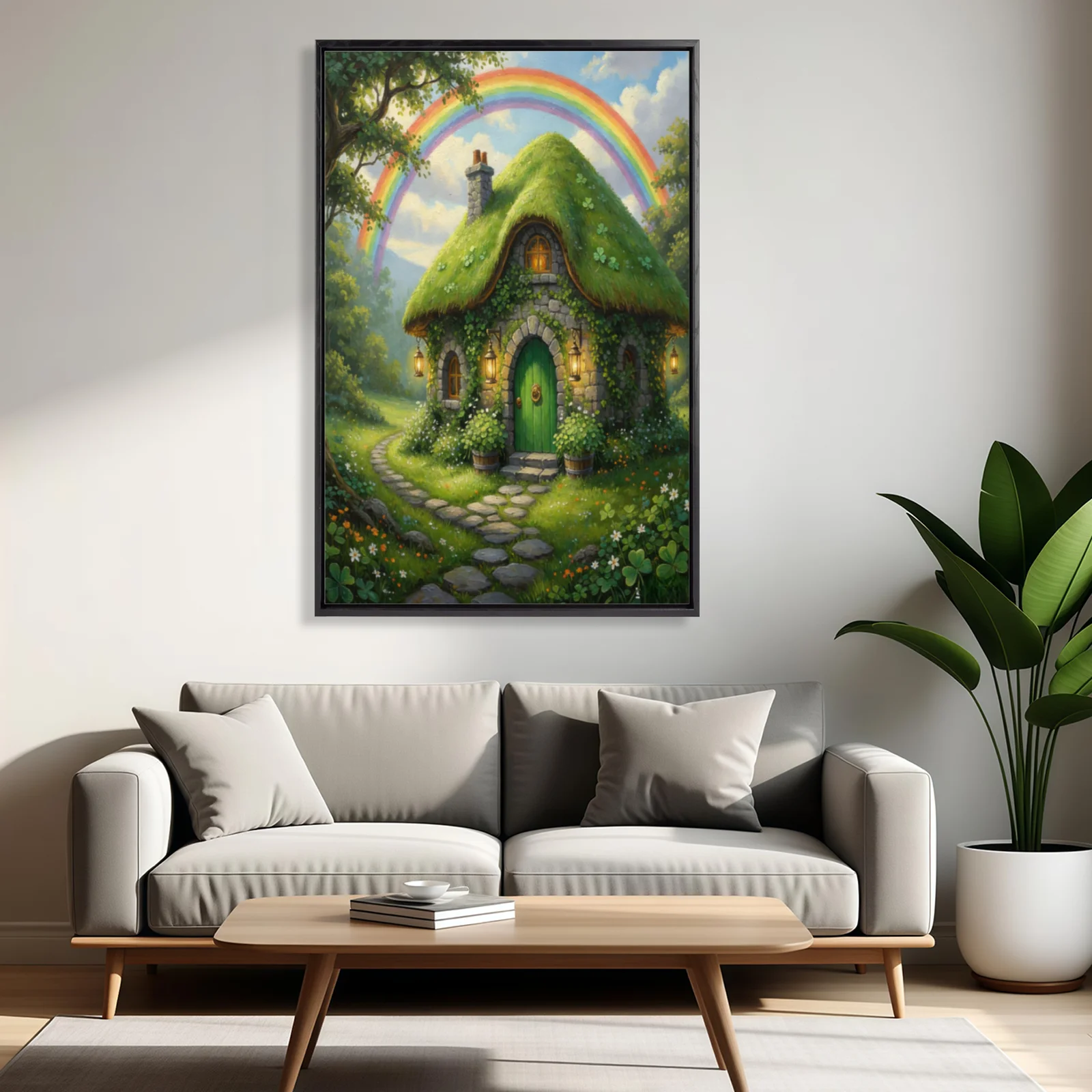 

Framed Wall Art Rainbow Fairy Tale Cottage Canvas Print Irish St. Patrick's Day Decor