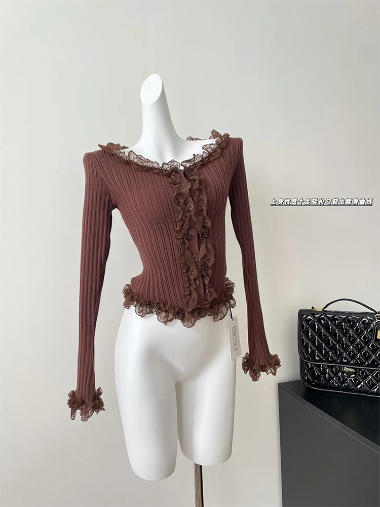 New Design Women Basic Soft Cardigan O-Neck Sweater Lace Spliced Autumn Winter Female Long Sleeve Knitted Solid Pullover Jumper