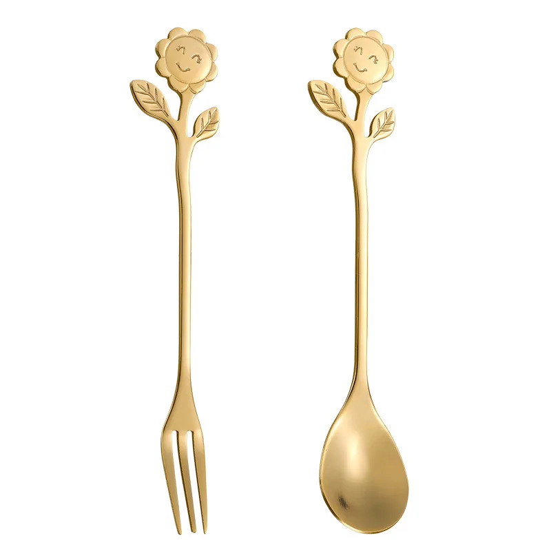 Lovely Stainless Steel Spoon Smiley Sunflower Handle Coffee Spoon Fork Dessert Ice Cream Spoon Tea Spoon Kitchen Accessories