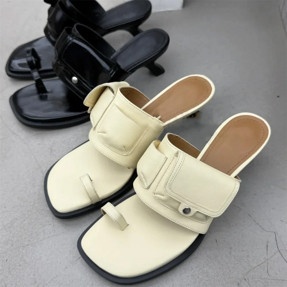 Women Square Toe Kitten Heel Mules Sandals Pocket Decor Slides Summer Outdoor Flip Flops Fashion Thin Heel Open Toe Slippers