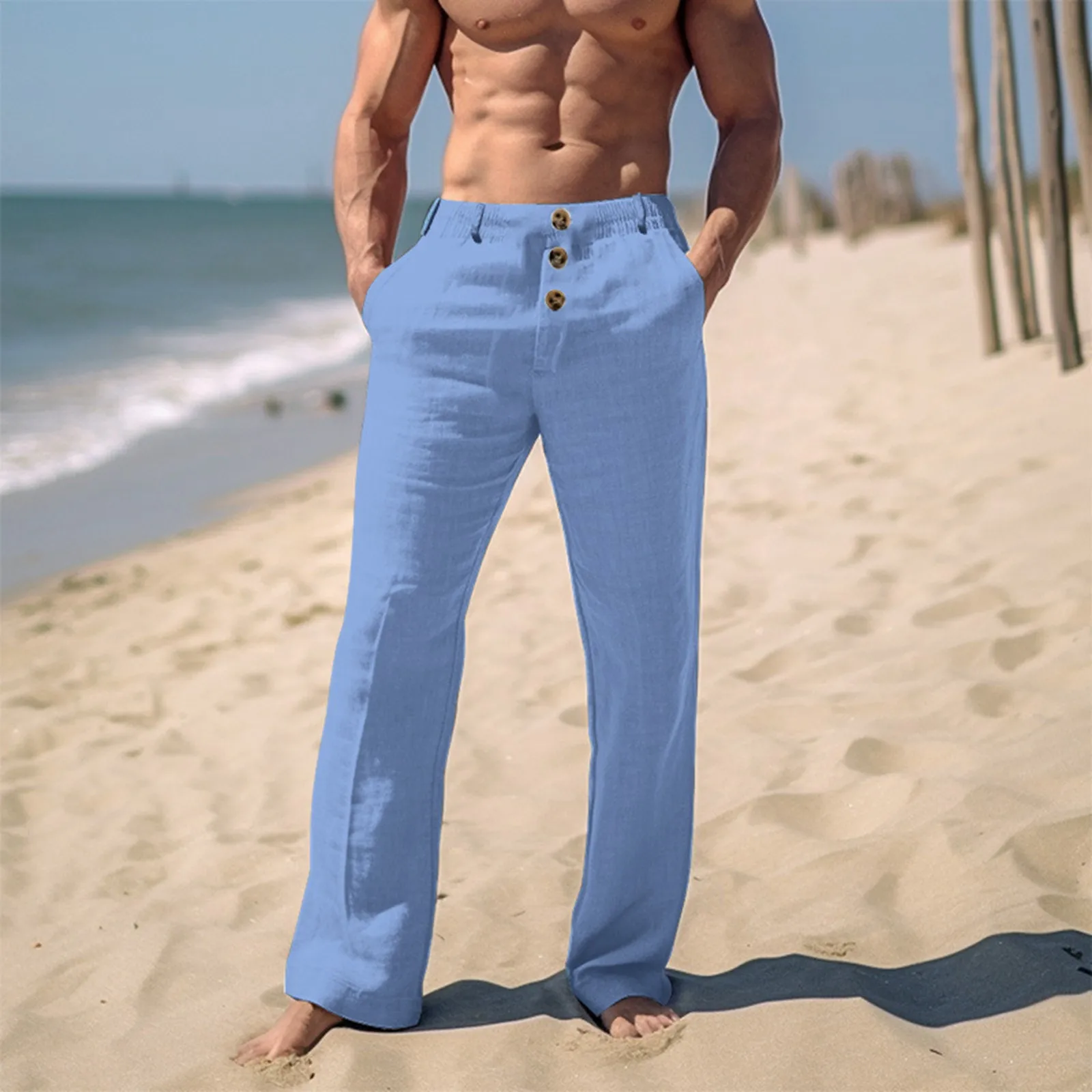 Cotton Linen Casual Pants For Men Solid color Buttoned Loose Comfort Ventilate Long Trousers Spring Summer Beach Pant Streetwear