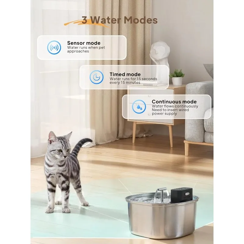 3.2L Stainless Steel Cat Water Fountain 4000mah Battery 3 Modes Wireless Automatic Pet Drinking Fountain
