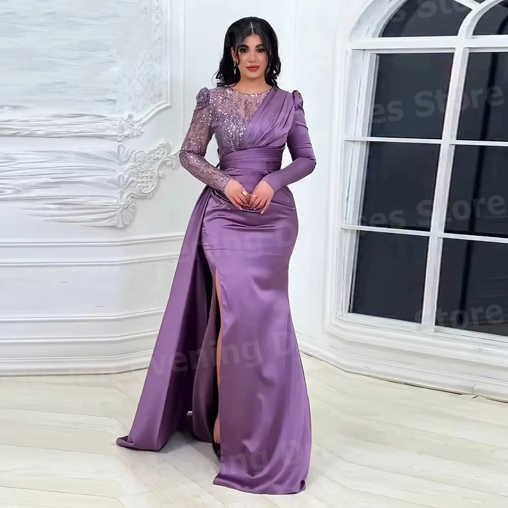 

Elegant Women's Mermaid O Neck Evening Dresses Customized Robe De Soirée Prom Gowns Long Sleeve Side Slit Vestidos Para Mujer