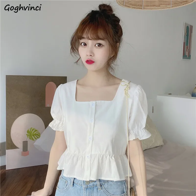 Women Blouses Short Sleeve Square-collar Ruffles Summer Single-breasted Solid Slim Sweet Girls Korean Style Womens Shirts Chic