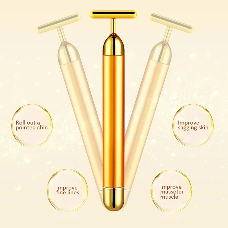 24k Gold T-shaped Vibrating Facial Roller Beauty Bar Slimming Face Massager Device Tightening Anti-wrinkle Facial Care Tools