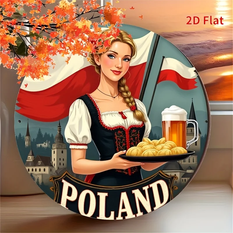 [2D Flach] 1 Stück Aluminium Runde Metall-Wandkunst - Polnische Frau mit Flagge, Rustikales Wohndekor-Schild für Wohnzimmer, Fenster, Café