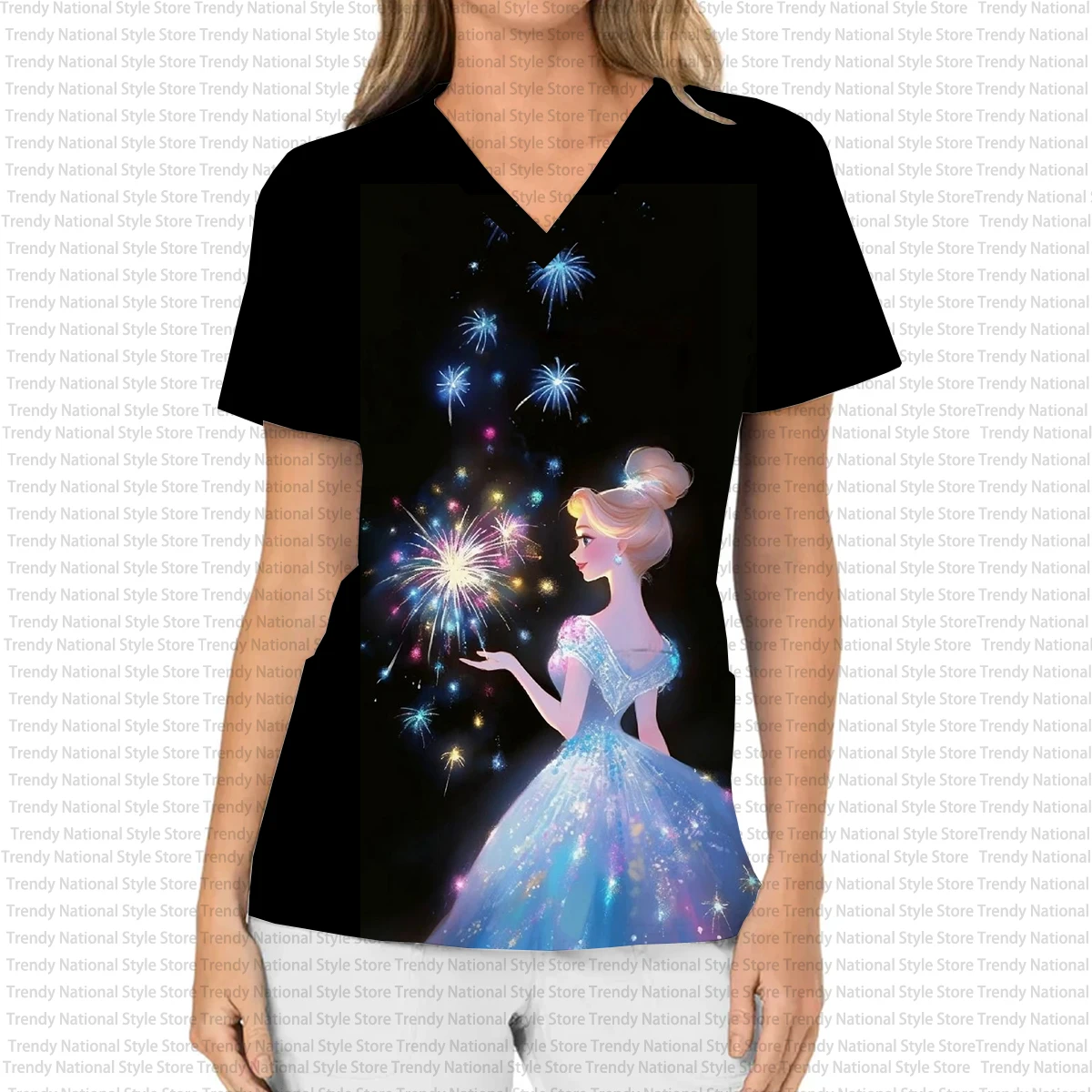 تي شيرت نسائي بلوري برقبة على شكل حرف V، هدية عيد الميلاد، طباعة أميرات ديزني دريم، عيادة أسنان عصرية/مستشفى/زي ممرضة