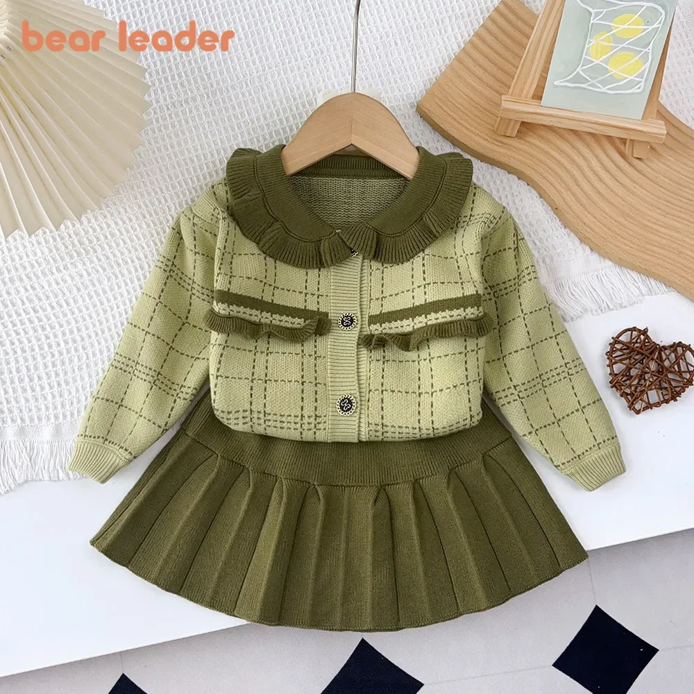 Bear Leader Winter Green Sweater Children's Sets Checkered Mushroom Edge Collar Single Breasted Cardigan+Pleated Skirt Suits