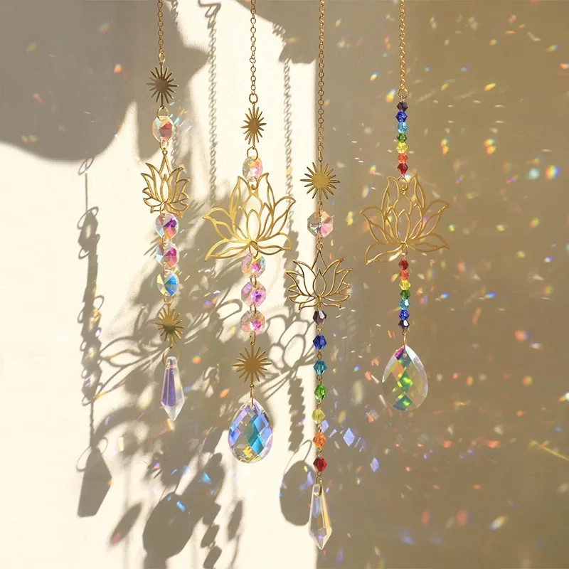 1pc Suncatcher Gardening Crafts Golden Lotus AB Colorful Water Drop Pendant Crystal Decoration Pendant