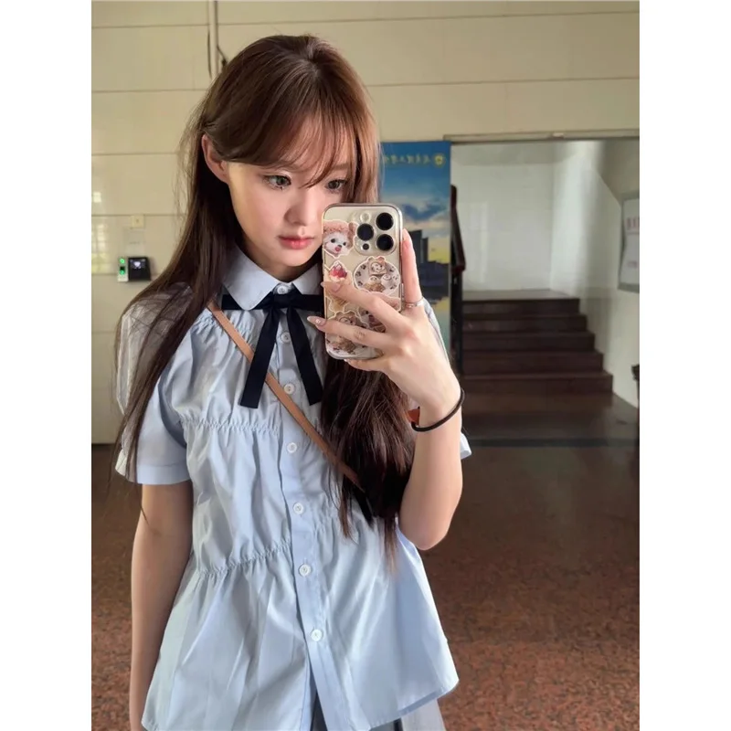 Women Popular Trend Lovely Turn Down Collar Short Sleeve Top Fashion Solid Color Polo Shirts Blue Folds Korean Preppy Style