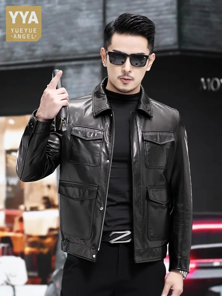 

New Mens Genuine Leather Moto Biker Jacket Slim Fit Zipper Multiple Pockets Punk Cargo Coat Thin Natural Sheepskin Short Jacket