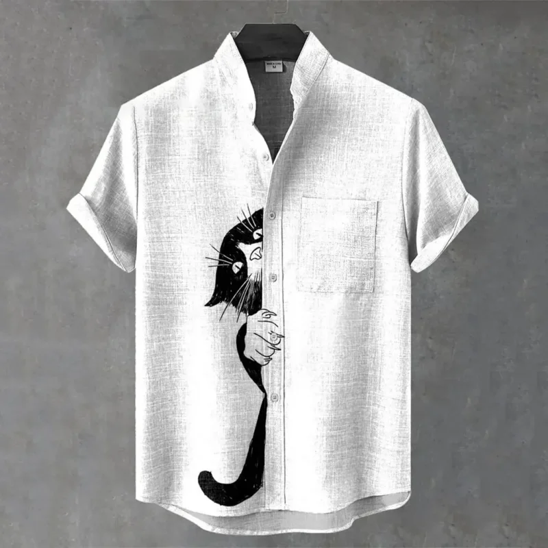 Men Shirt Funny Black Cat Graphic Print Stand‑Collar Short‑Sleeve Button Down Blouse Fashion Casual Summer Loose Fit Tops