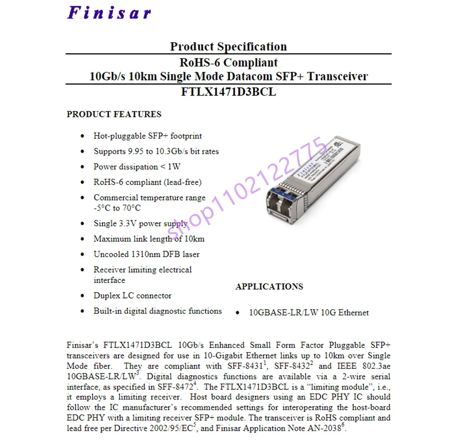 Finisar 10g Fiber Module/FTLX1471D3BCL/LR 1310NM 10KM Sfp Switch Adapter/10g Sfp+ Single Mode Optical Transceiver/10g Lr Sfp