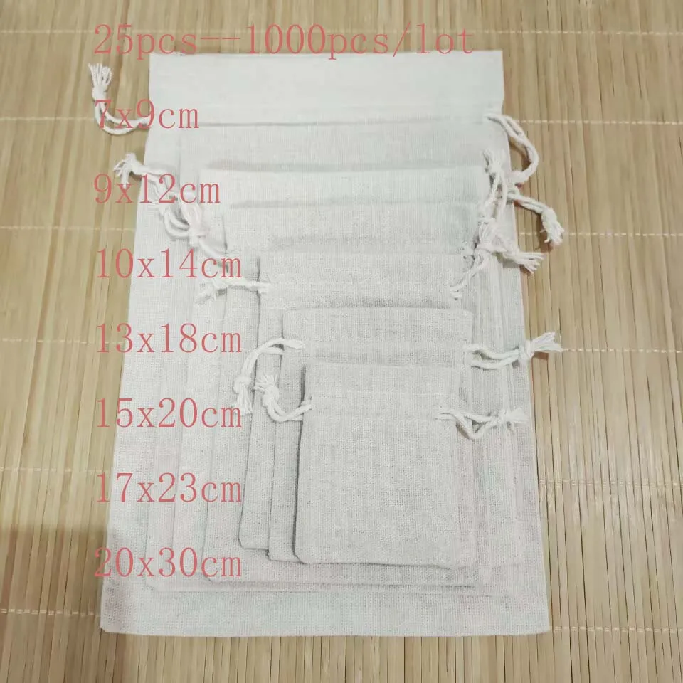 25pcs/lot 7x9 9x12 10x14 cm Jute Gift Bags Burlap Jewelry Bags Cotton Linen Drawstring Packaging Pouch Display Wedding Sack Bag