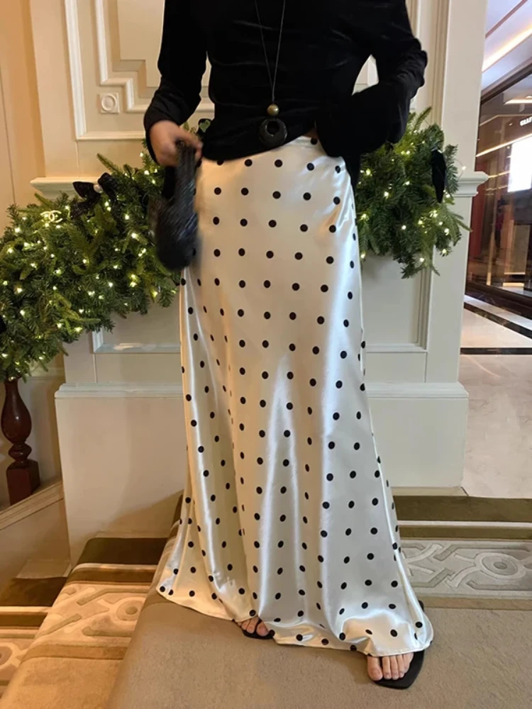 Elastic Waist Gray Dot A-line Skirt Elegant Satin Long Skirts for Women Ladies Loose Retro Women's Party Skirts Spring Fashion
