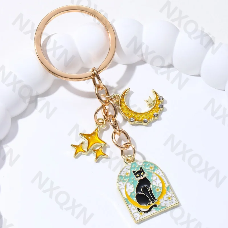 Mysterious Sun Moon Star Cat Enamel Keychain Cartoon Animals Natural Key Ring For Women Men Friendship Gift Handmade Jewlery Set
