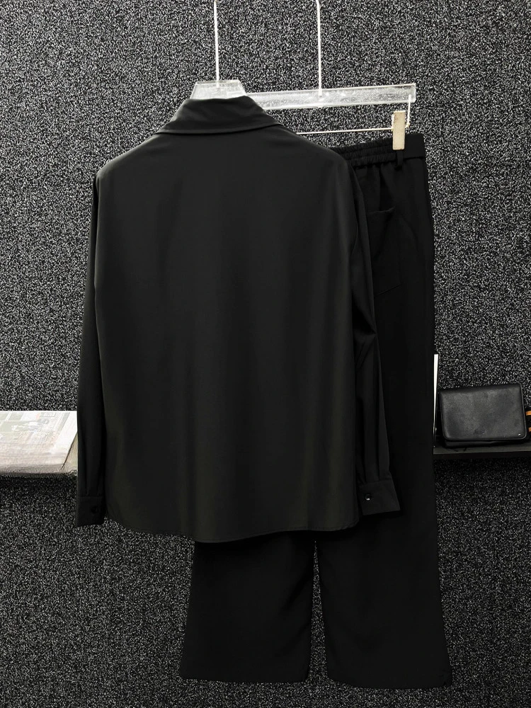 Men's 2025 Spring Autumn New Sequin Splicing Long Sleeve Shirt Sets Handsome Loose Comfort Shirt Straight Pants Two-Piece Sets