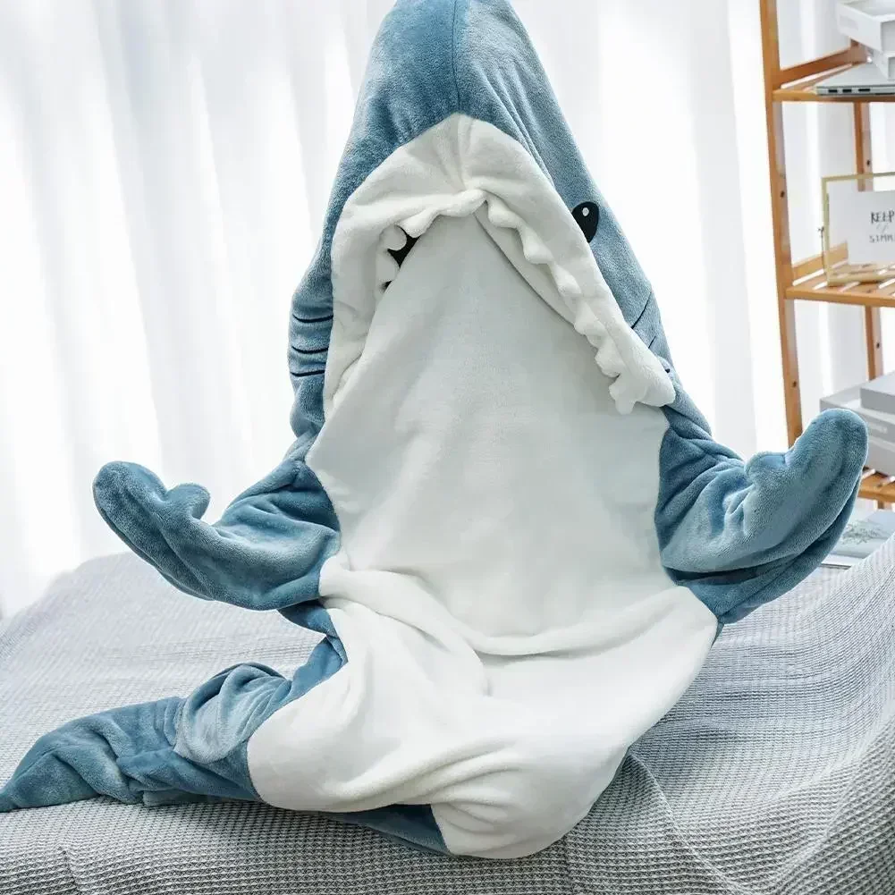 Cartoon Shark Blanket Hoodie Women Kigurumi Playsuit Kids Parents Hooded Warm Flannel Funny Homewear Shark Sleeping Bag