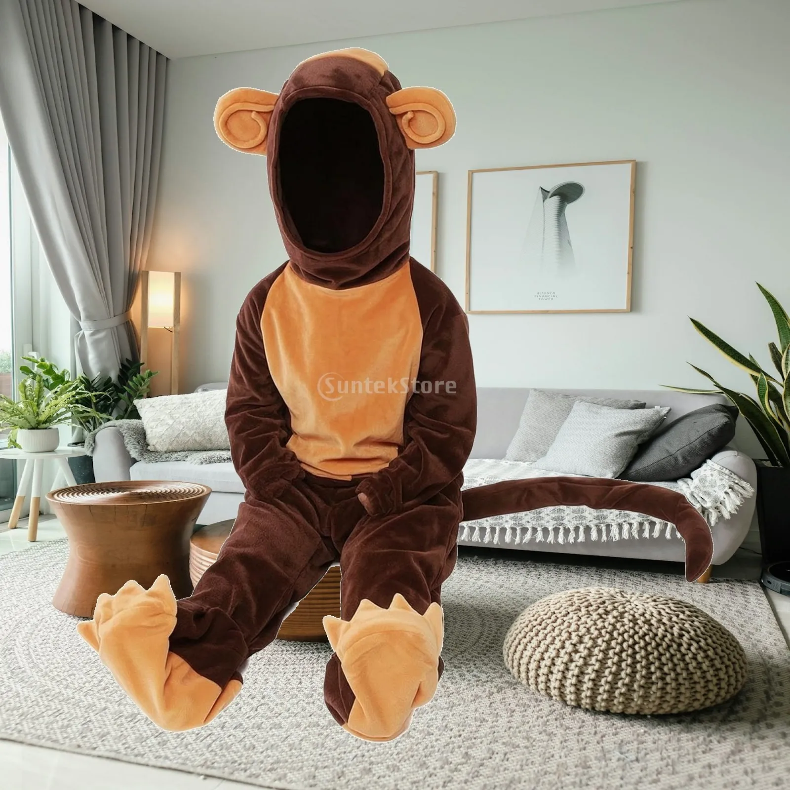 Monkey Costume Full-Body Monkey Costume with Tail Animal Jumpsuit Fun Hooded Bodysuit Comfortable for Families, Halloween