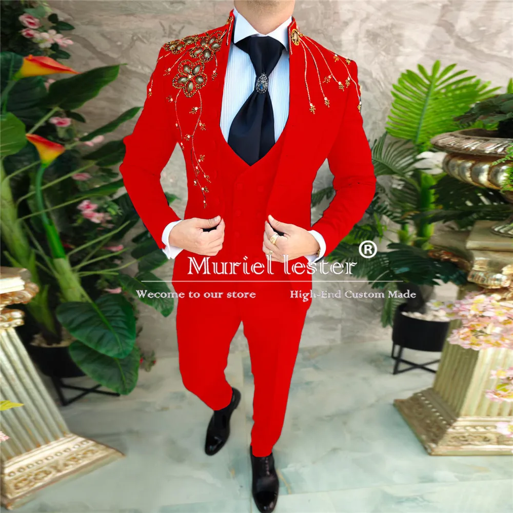 Red Wedding Suits For Men Crystals Beaded Stone Jaket Vest Trousers 3 Pieces Formal Groom Tuxedos Bespoke Boyfriend Marry Dress