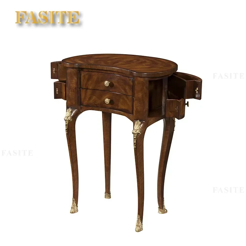 For European Court Style Furniture Neoclassical Solid Wood Parquet Edge Table with British Baking Paint Flower Pattern Copper