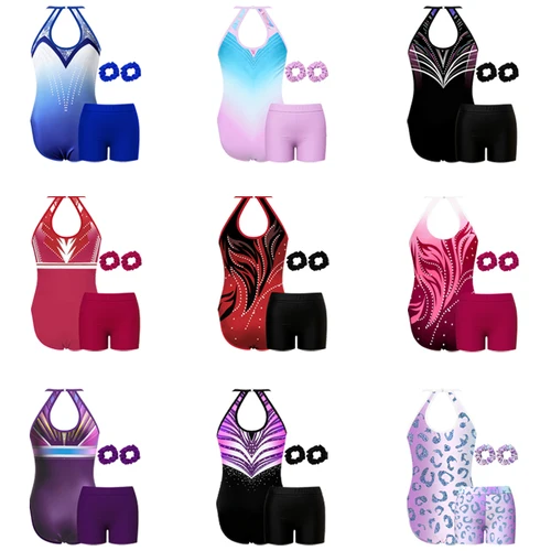 Imagen 2 del producto Leotardos de gimnasia para niñas, monos con cuello halter de 4 piezas con pantalones cortos y diadema para niños, trajes atléticos sin diamantes