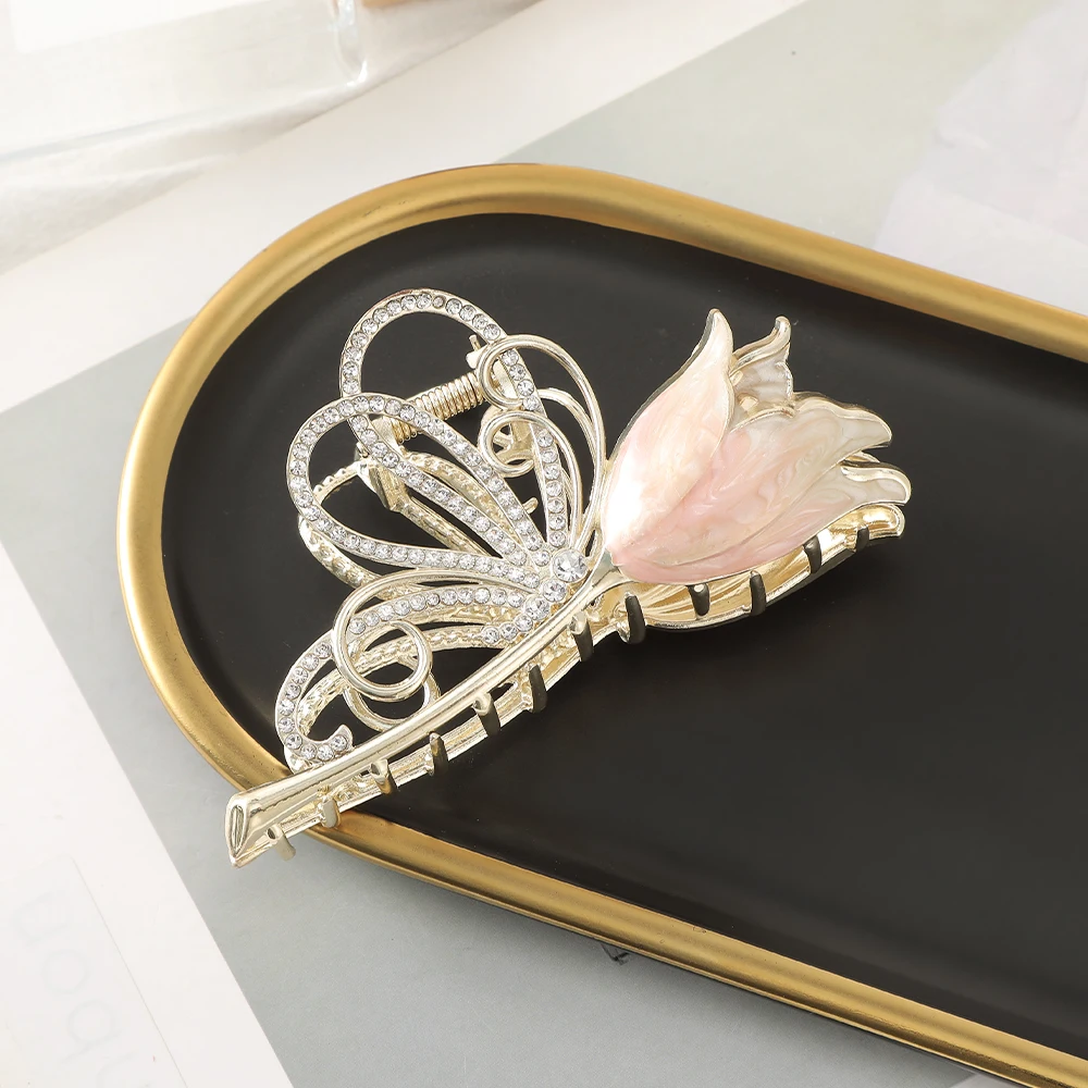 Haimeikang Lacquer Tulip Hair Claw Golden Luxury Headwear Hairpin For Women Sweet Ponytail Crabs Hair Clip Fashion Accessories