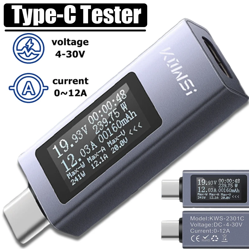 Type-C Tester Current Display Voltage Indicator Electric Ammeter Power Meter Charge DC Digital Multimeter Voltmeter Wattmete 12A