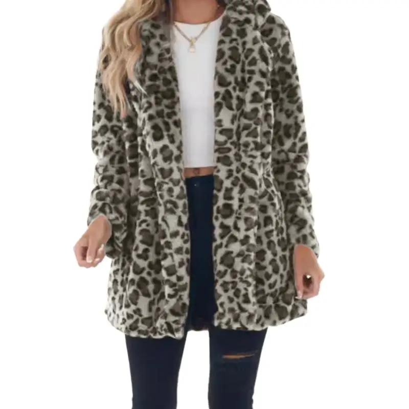 سترة نسائية عصرية للخريف والشتاء بطبعة الفهد 2025 معطف فرو مقلد أنيق مع جيوب ملابس خارجية فضفاضة من الفرو