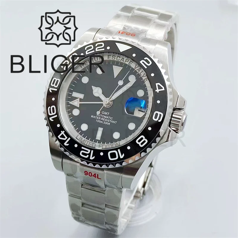 BLIGER 43mm SEA Dive Watch For Men GMT NH34 Automatic Luminous Bezel Black Dial AR Sapphire Glass With Magnified Date Waterproof