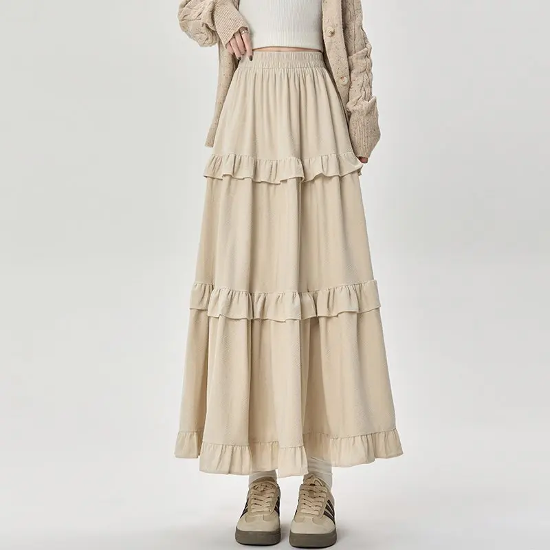 Qiukichonson Mid Long Skirts Womens Velvet Skirt 2023 Autumn Winter Korean Vintage Elastic Waist High Low Ruffle Pleated Skirts