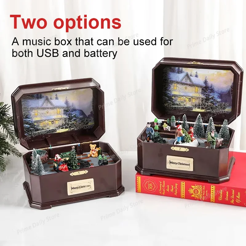 Christmas music box, christmas decoration, rotatable luminous with music, USB and battery dual‑power, kids gift