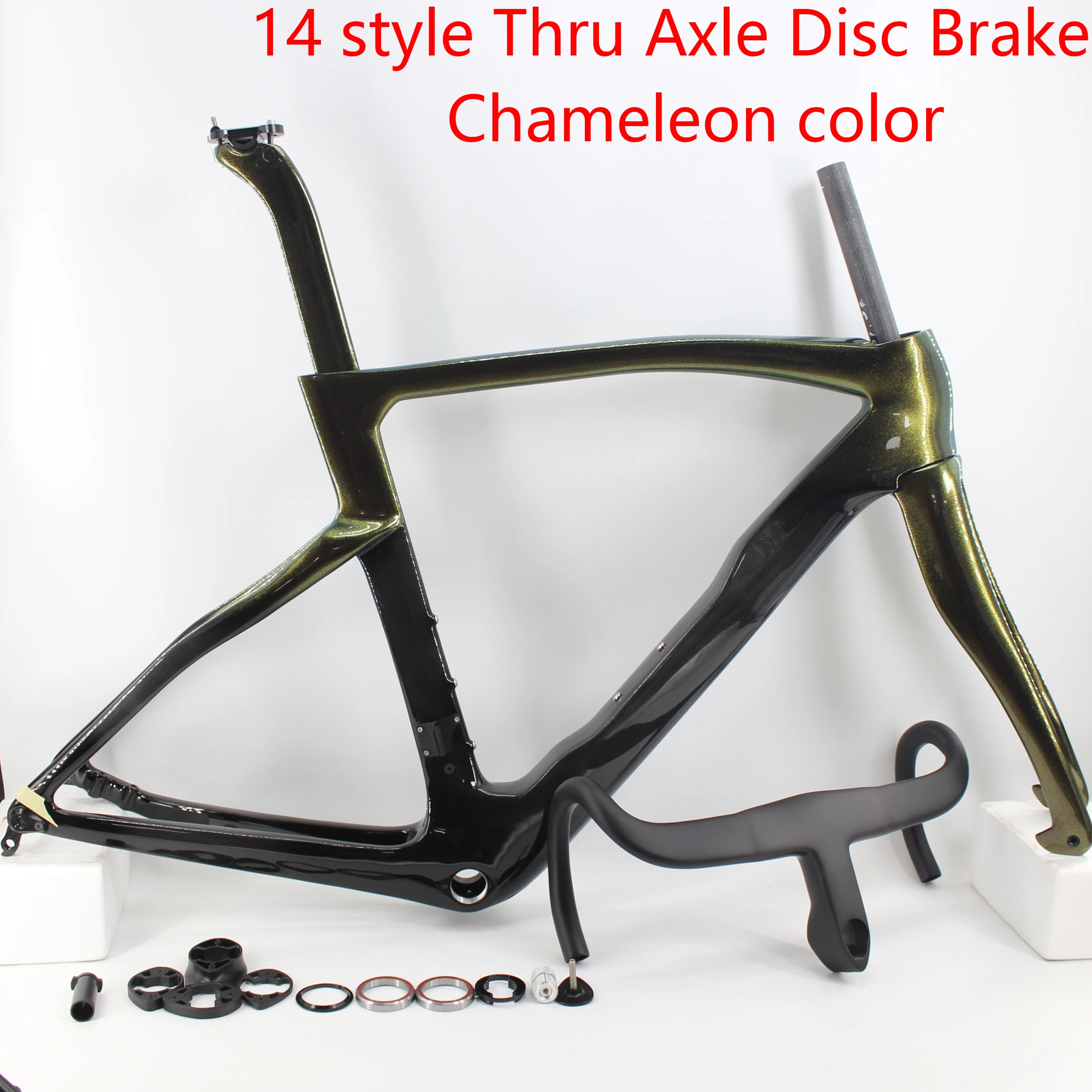 New chameleon color 700C Fully concealed cable Road Bike 1K Full Carbon Fibre Thru Axle Disc Brake Bicycle Frame Handlebar Fork