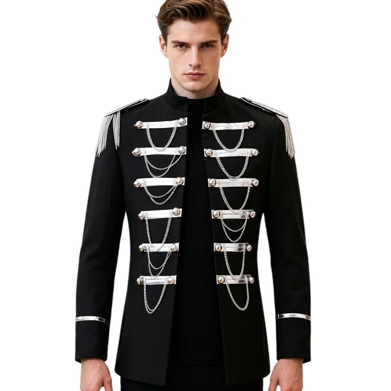 Men's Court Jacket Bar Nightclub Singer Dancer Epaulet Metal Tassel Blazer Uniform Punk Style Outerwear Performance Stage Coat