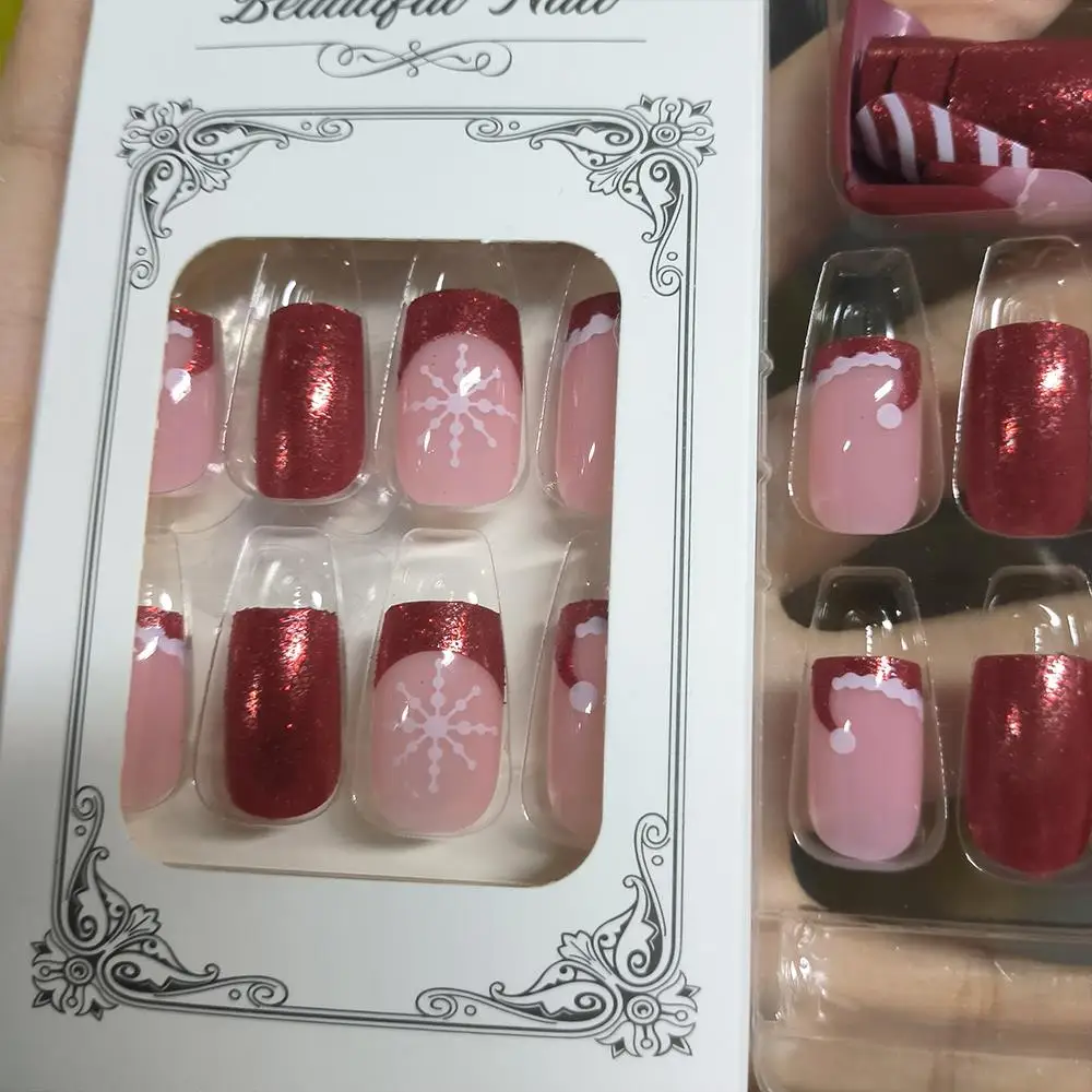 24 Stücke Weihnachten Rot Glitter Gefälschte Nägel Weihnachten Hut Weiße Schneeflocke Streifen Design Drücken Sie Auf Nagel Kurze Quadratische Weihnachten Falsche nagel Tipps
